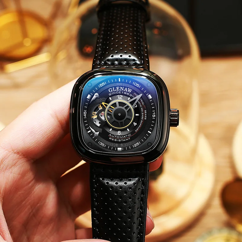 GLENAW New Square Large Dial Mechanical Watch Men with Scratch resistant Mirror Luminous Waterproof Top Luxury Mechanical Watch