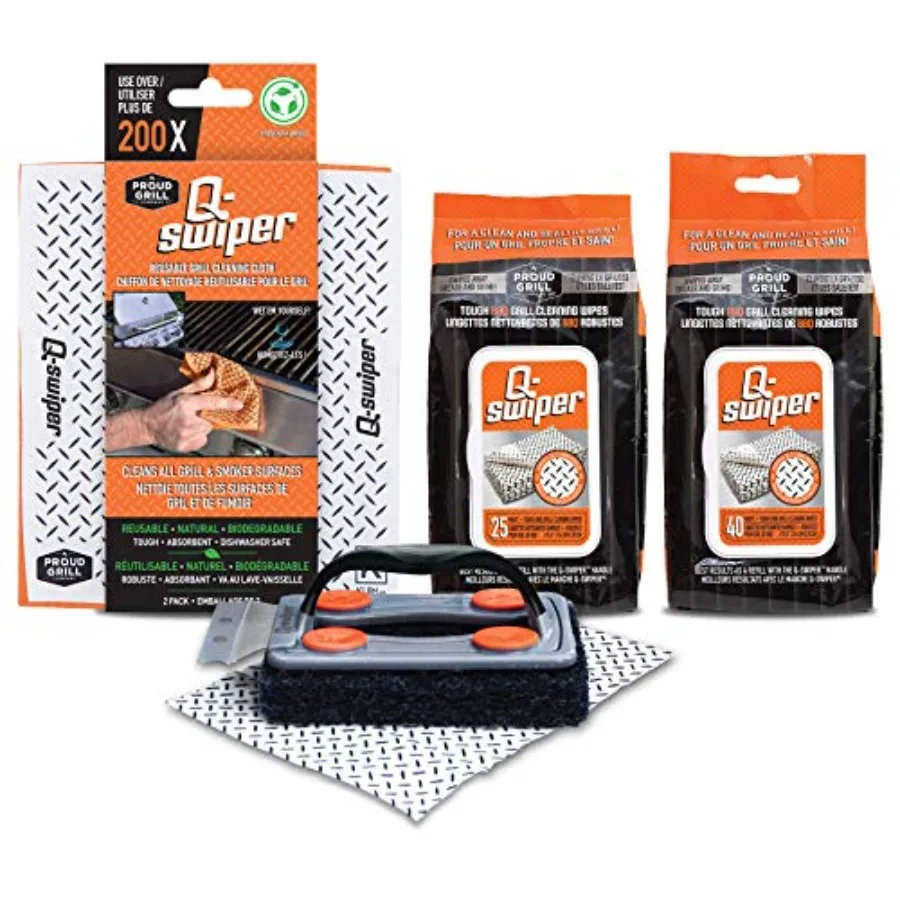 

Proud Grill Q-Swiper BBQ Grill Cleaner Gift Bundle - 1 pc Bristle-Free Brush, 65 Moist Cleaning Wipes, 2 pcs Reusable Cloths -