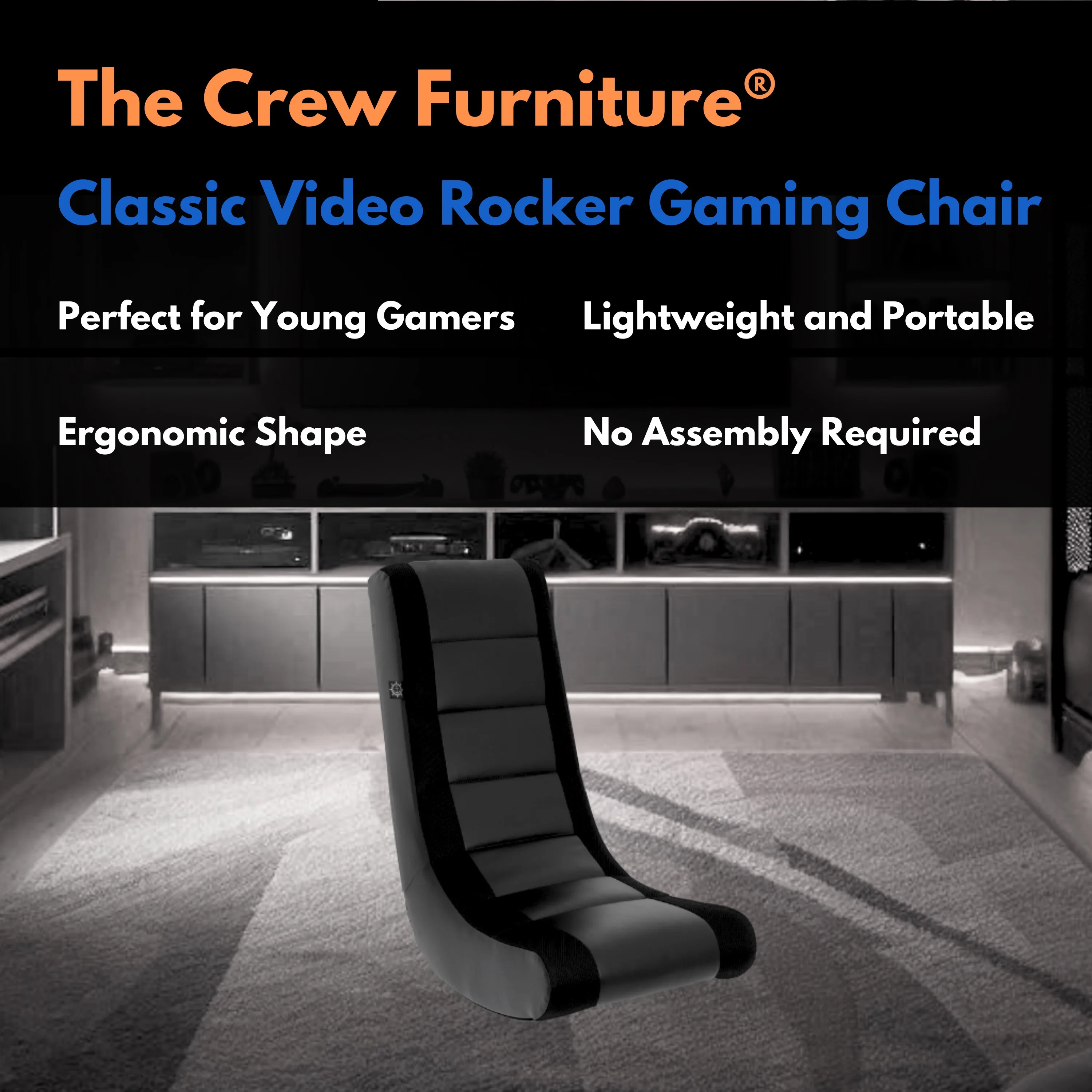 Furniture Classic Video Rocker Floor Gaming Chair, Kids and Teens, PU Faux Leather & Polyester Mesh, Black/Black