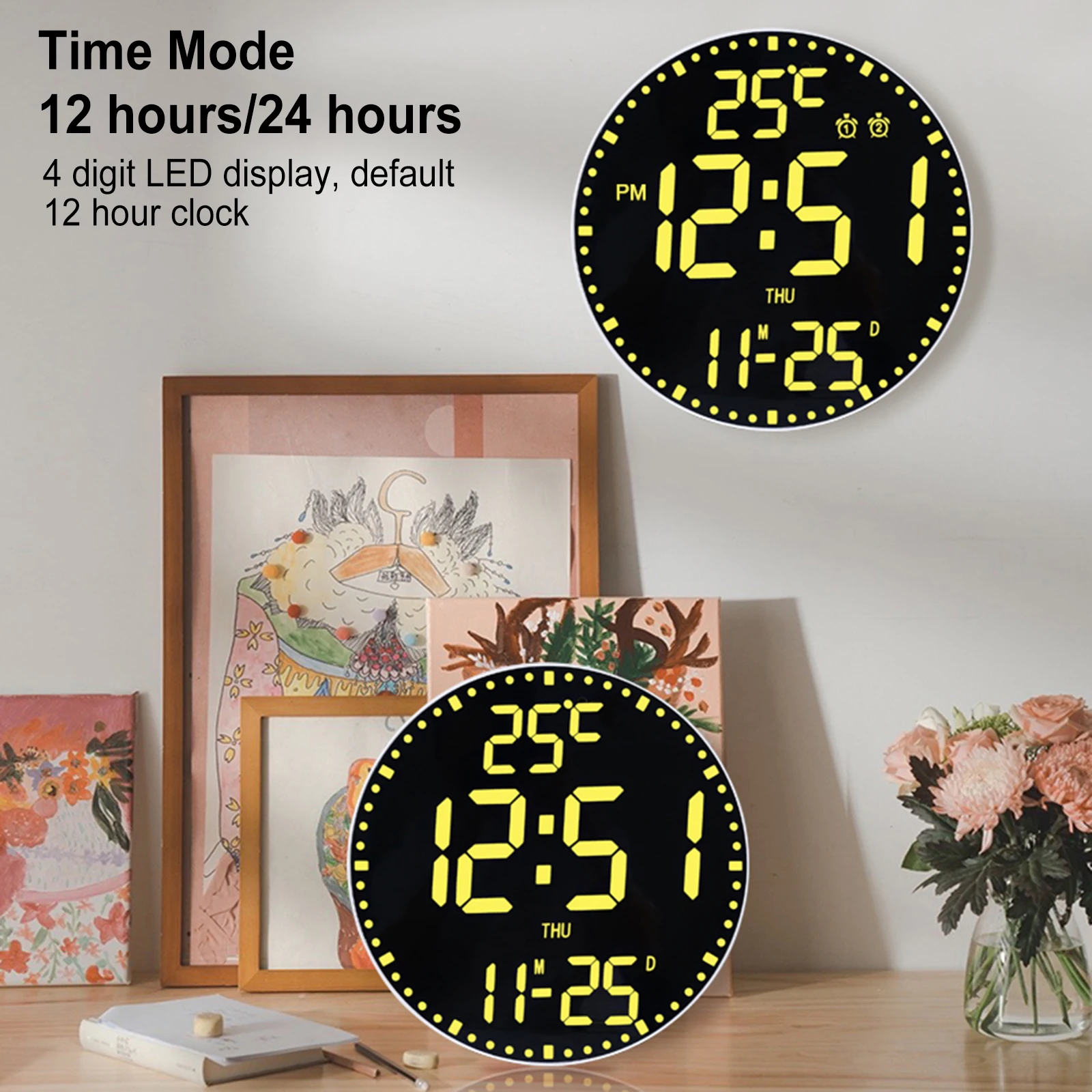 RGB LED Display Wall Clock 11 inch Large Time Calendar Temperature Alarm Clock for Heavy Sleeper With Remote Control for Home