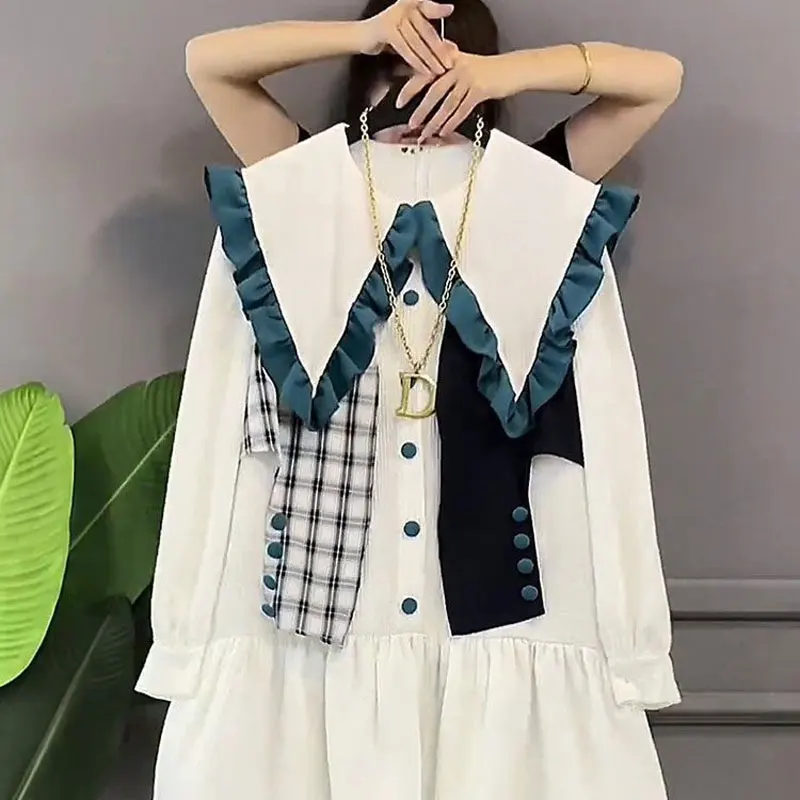 Women\'s Clothing Patchwork Button Dresses Sweet Peter Pan Collar Ruffles Spliced Spring Autumn Fashion Commute Loose Midi Dress