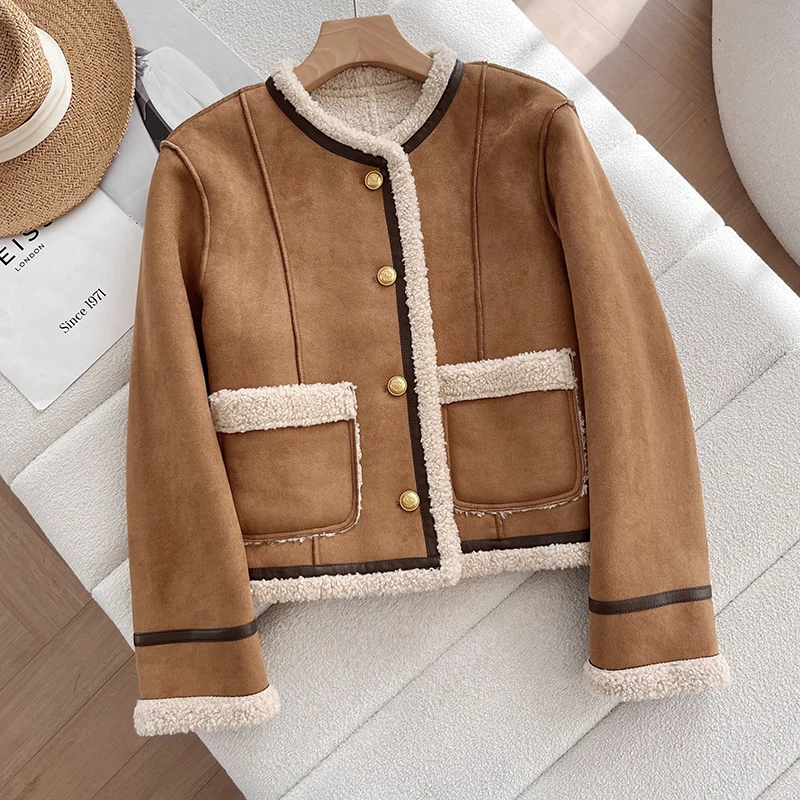 

Warm ort Lamb Fur Suede Jaet Inteated Design Loose Fit Autumn Winter Outerwear Commute Sle round Neline
