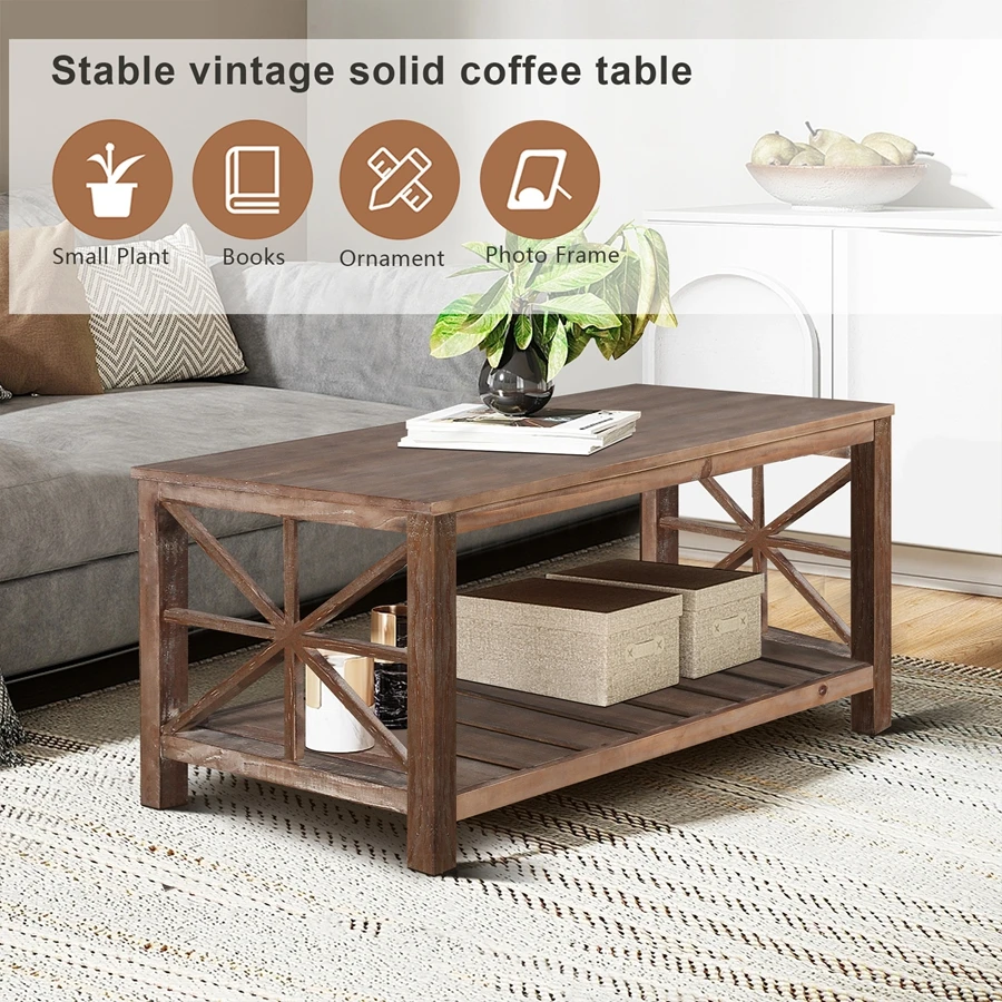 47 Inch Modern Coffee Table With Storage Shelf, Farmhouse Rectangle Living Room Center Table For Small Spaces