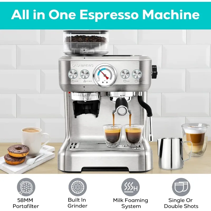 Espresso Machine With Grinder, Professional Espresso Maker With Milk Frother Steam Wand, Barista Latte Machine With