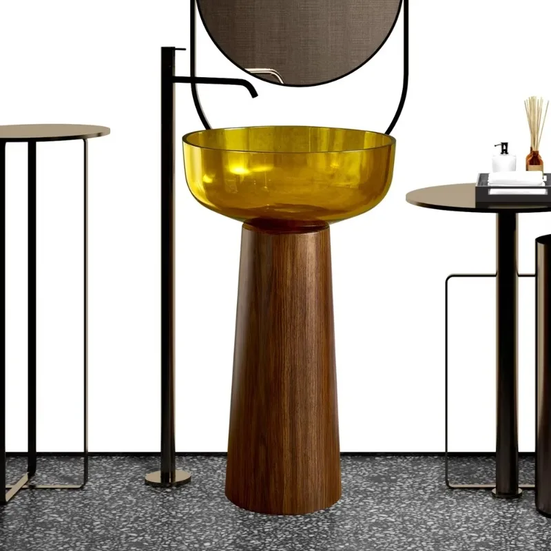 

Современная желтая прозрачная раковина из смолы, основание из нержавеющей стали под дерево, отдельно стоящая раковина для ванной комнаты для украшения