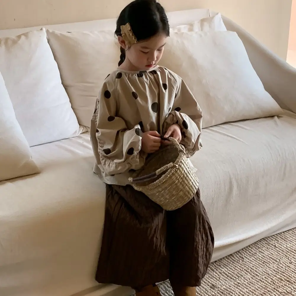 

Autumn Children Girls 2piece Set Cotton Dot Print Peter Pan Shirts Suit Solid Casual Wide Leg Pant Outfit Toddler Kid Girls Suit