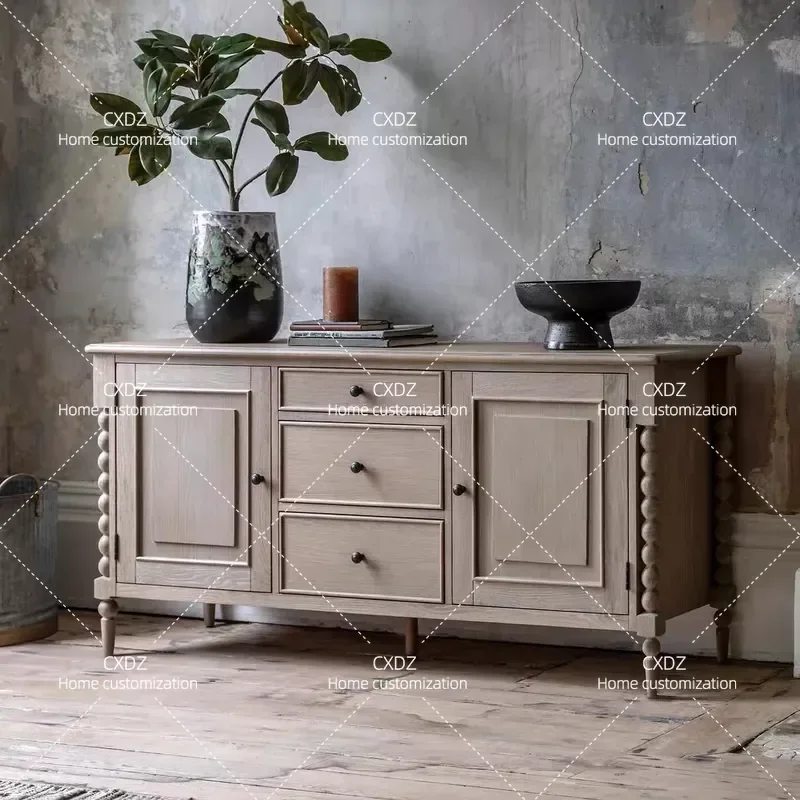 French retro solid wood dining side cabinet, American country old porch cabinet, wave column, living room chest cabinet,