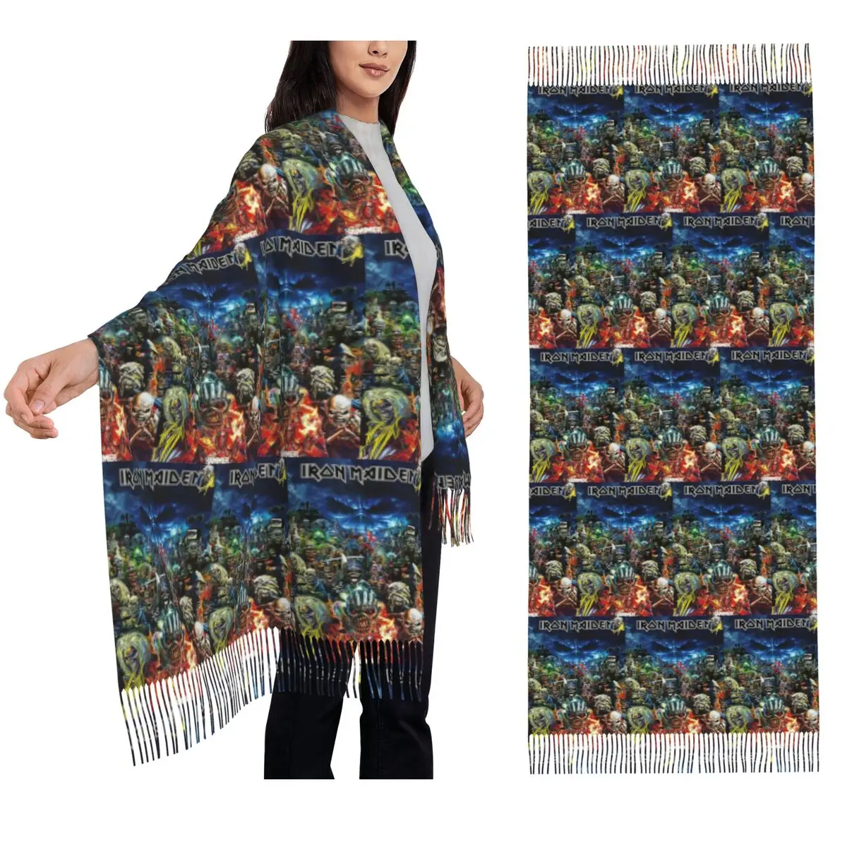 

Metal Iron Maiden Band Scarf Tassel Scarves Women Soft Warm Shawls and Wraps Large Fall Winter Shawl Wrap