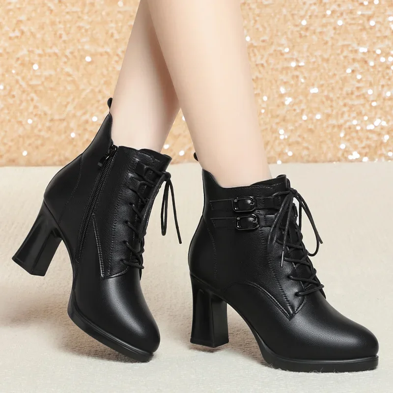 7.5cm Double Buckle Block High Heels Boots Platform Shoes Winter 2024 Women's Soft Leather Plush Fur Ankle Boots for Office Mom