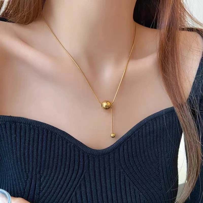 Yerik Fashion Simple Ball Pendant Necklace for Women Metal Beads Minimalist Personality Jewelry Snake Bone Chain Jewelry Gifts