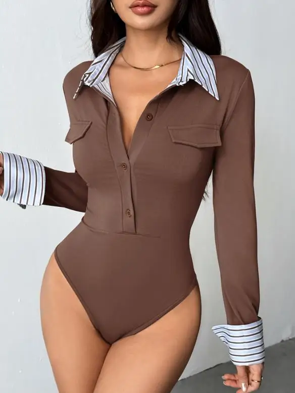 

2025 New Commuting Sweet and Light Mature Style Fake Two-Piece Striped Shirt Collar Long Sleeved Slim Fit Jumpsuit
