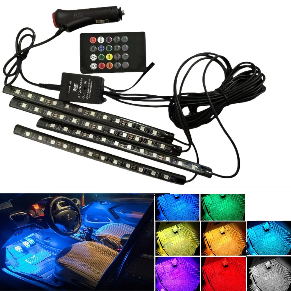 4Pcs Car Interior LED Foot Lights LED RGB Ambient Lamp USB Wireless Remote APP Music Sync Sound Activated Auto Atmosphere Foot
