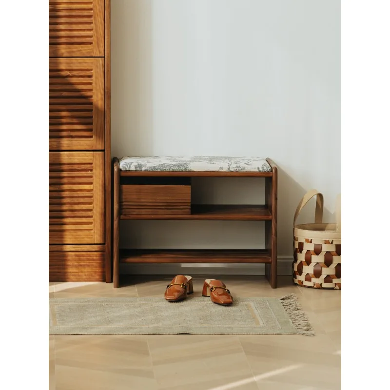 Wuying مصبغة تغيير الأحذية البراز عند باب المنزل الشمال الجوز الأسود الخشب الصلب باب الدخول رف الأحذية يمكن الجلوس على الحذاء