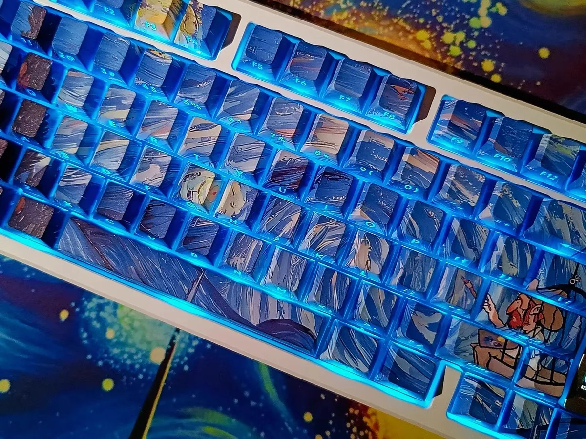 Tampão de Teclado Translúcido para Mecânica, Chreey Keycap, Chaves PBT130, Noite Estrelada Van Gogh, Sublimação Térmica, Interruptor MX