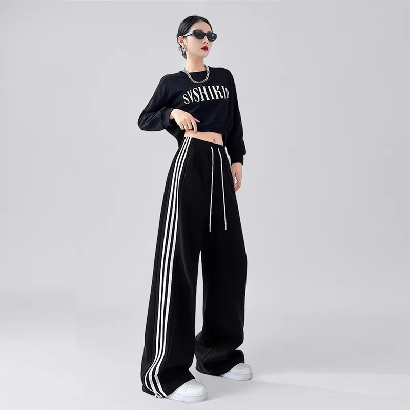 High Waisted Striped Two In One Sports Pants For Women With Ankle Cuffs Elastic Waistband Straight Leg Versatile Casual Pants