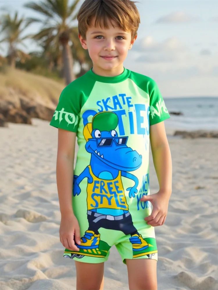 

Boy Kids Swimsuit 2025 New Cartoon Crocodile Short Sleeve Conjoined Children Swimwear Summer Zipper Beach Bathing Suit Swimming
