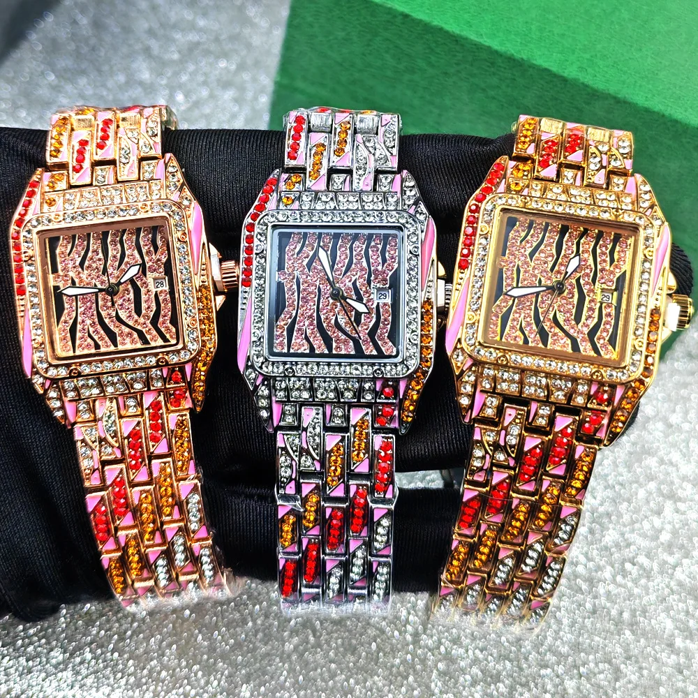 35mm Iced Out Quarzuhr für Herren und Damen Vollständig mit Diamanten Besetzt Farbige Streifen Silber Gold Vintage-Form Hip-Hop Herren- und Damenuhr Reloj