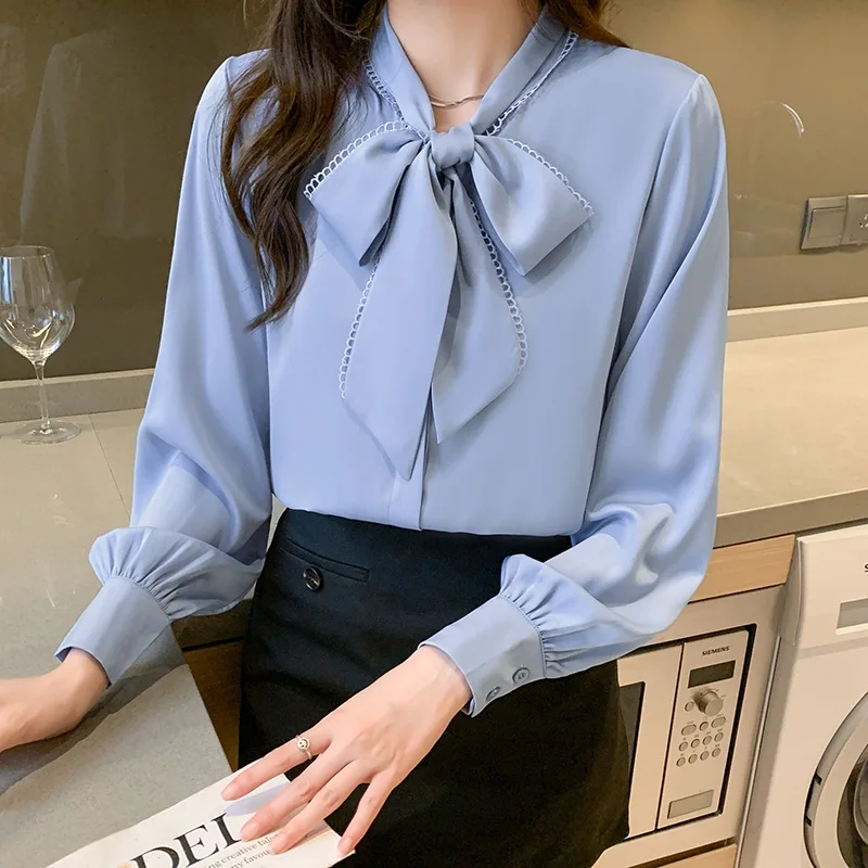 Spring Casual Satin Women Blouse Fashion Long Sleeve Shirt Office Lady Elegant Bow Neck Tops