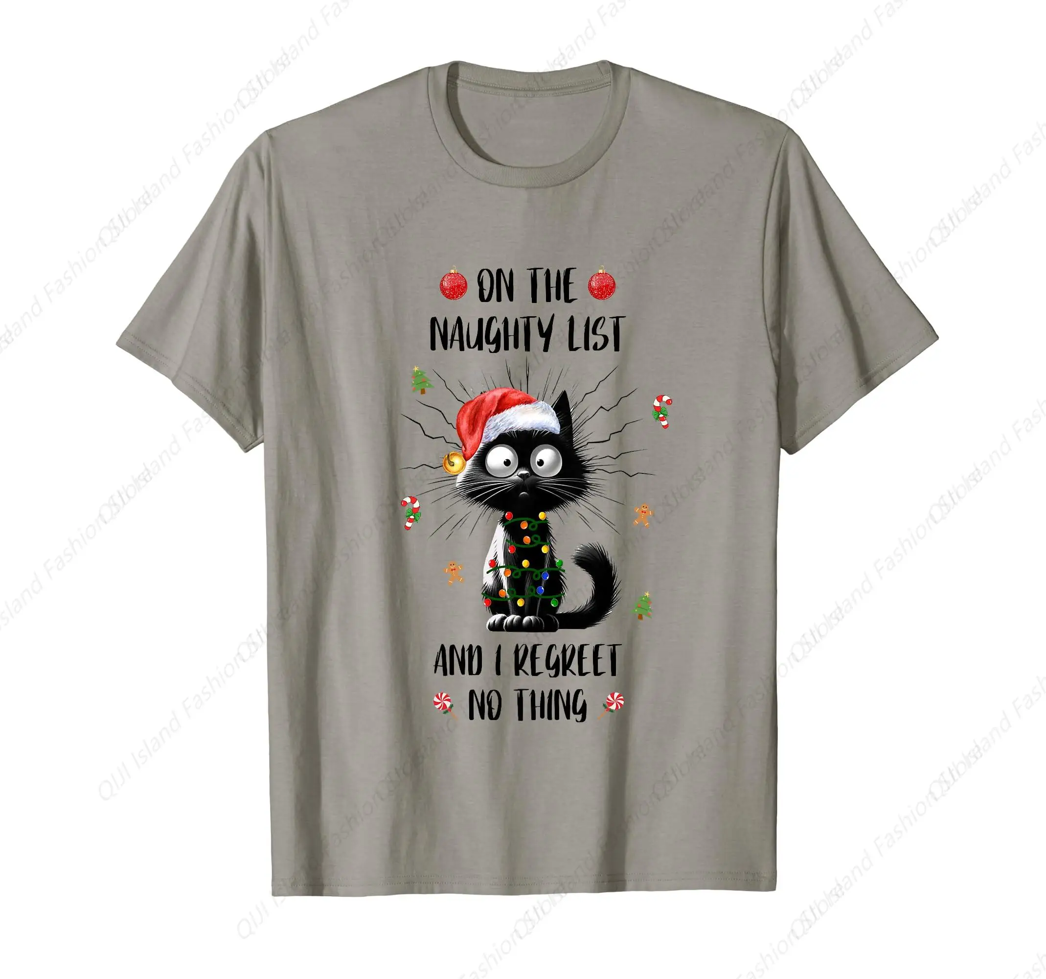 

Fun Xmas Black Cat On The Naughty I Regret Nothing Christmas T-Shirt