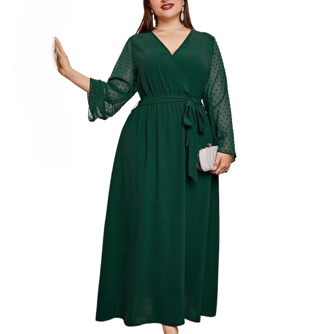 فستان أنيق برقبة على شكل حرف V وأربطة وأكمام طويلة من الشيفون مقاس كبير باللون الأخضر
