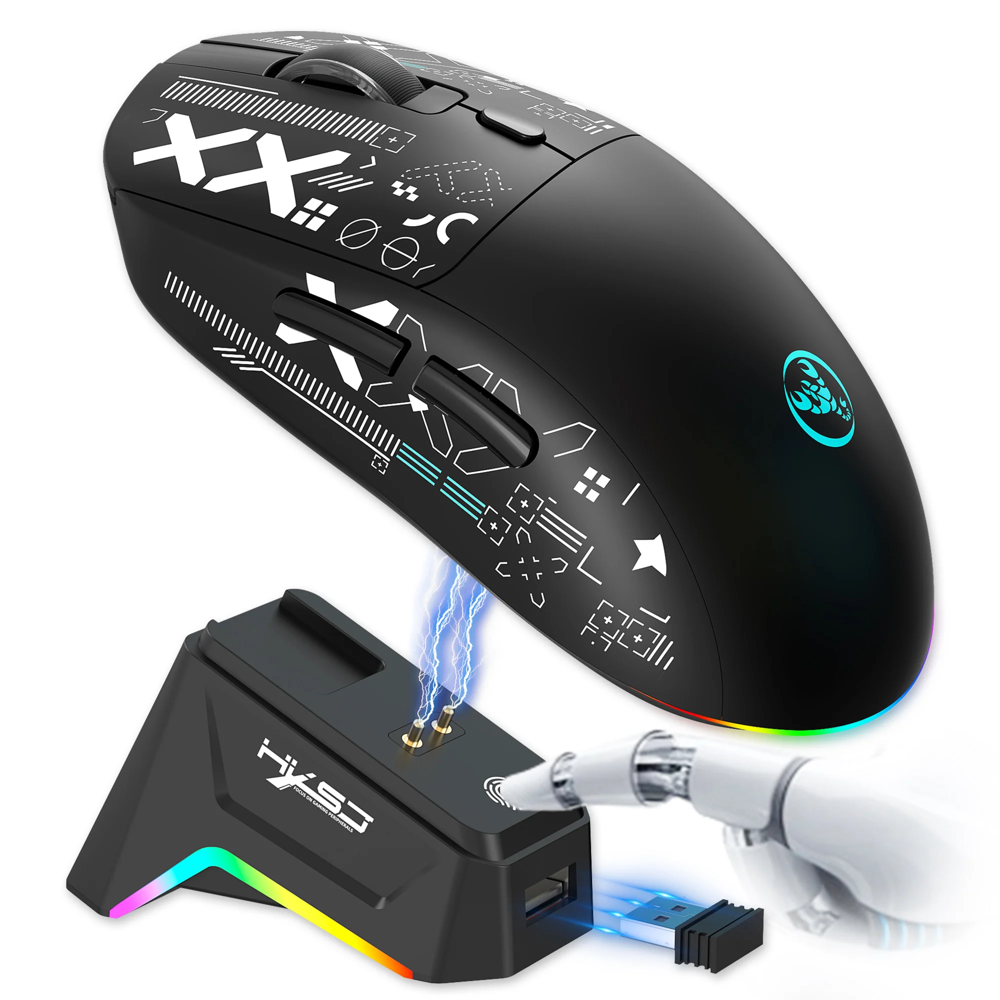 

Wireless Bluetooth 2.4G USB Muted Mouse Programmable 6 Keys Mouse Rechargeable Wired Silent RGB Gaming Mouse With Charging Dock