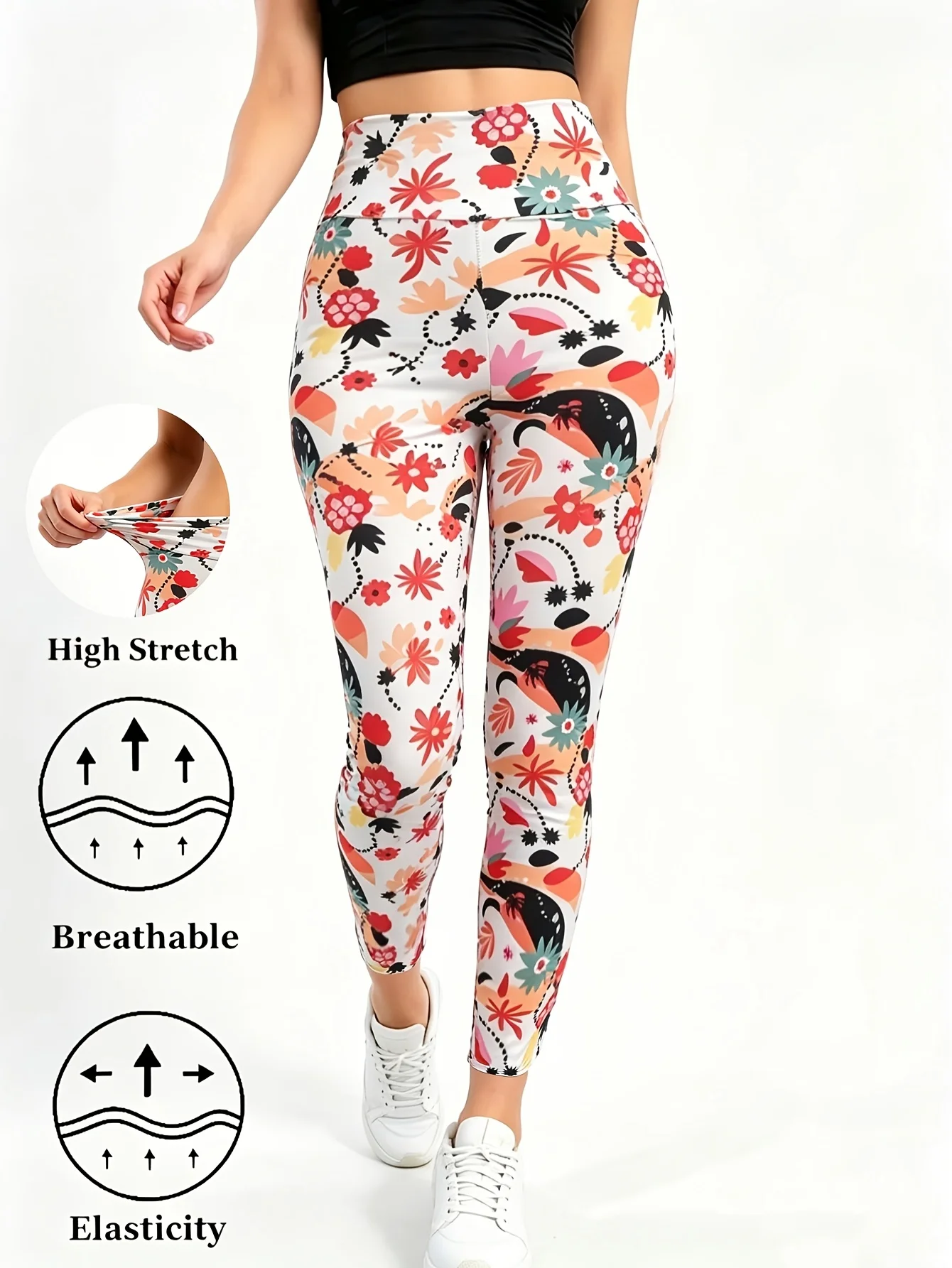 Frühlings- und Sommer-Leggings mit frischem Blumenmuster, hoher Taille, dehnbar, atmungsaktiv, Fitness-Yoga-Hose, kurze Freizeit-Tights