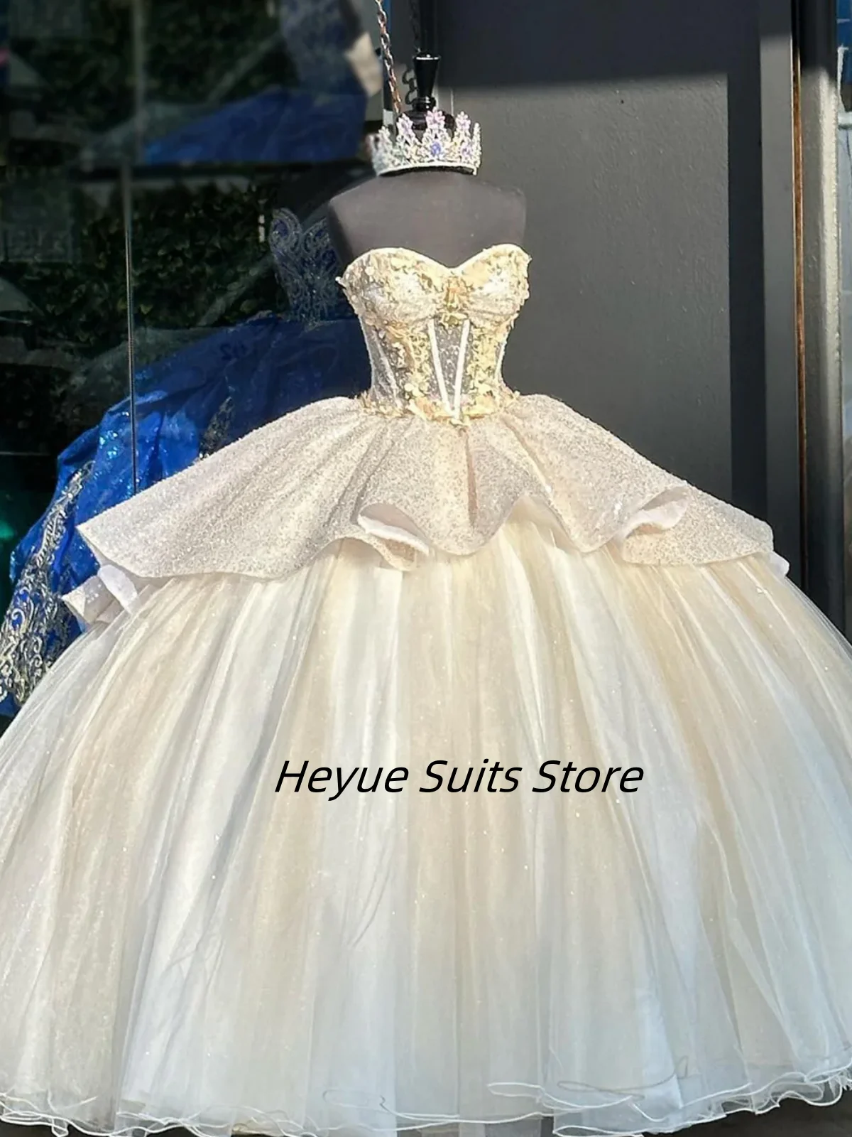 

Customized Glitter Apricot delicate princess Quinceanera Dress Strapless Tiered Sequins Ruffles Long Ball Gown Vestido De15 Anos