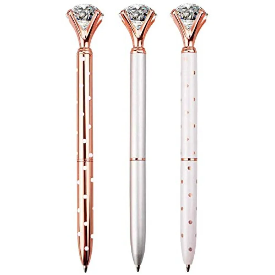

3PCS Big Crystal Diamond Ballpoint Pen Bling Metal Ballpoint PenOffices and schools, silver/White With Polka Dots/Rose Gold Wit