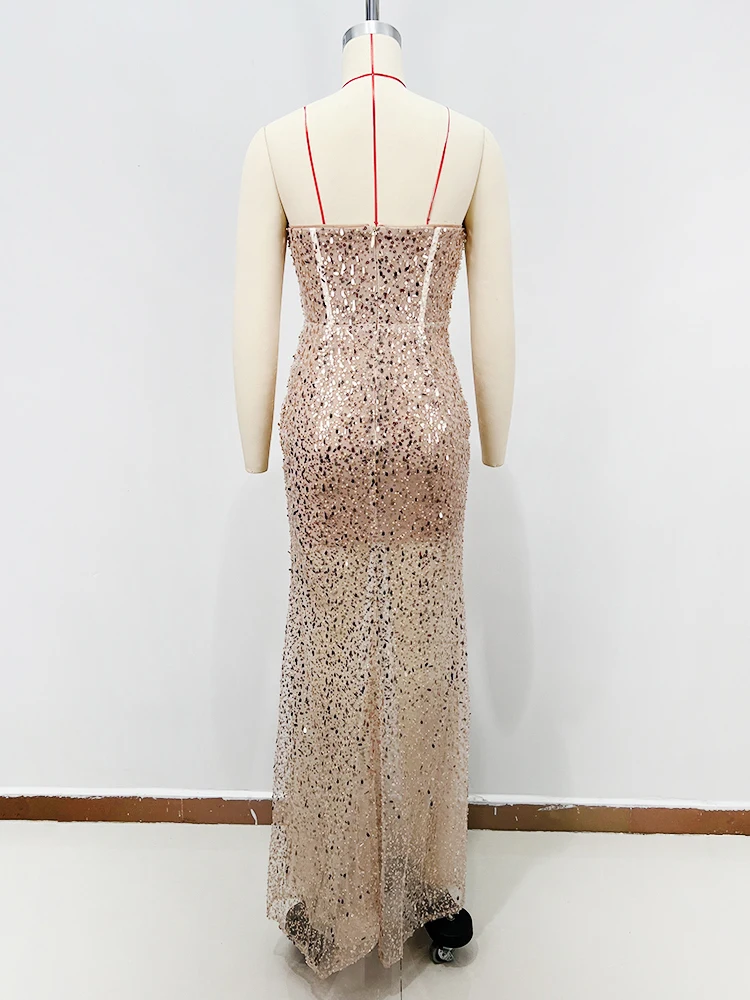 Formal Chic Style Nude Strapless Cutout Mermaid Evening Gown with Sequin Detailing Modern Party Prom Galas Maxi Dress