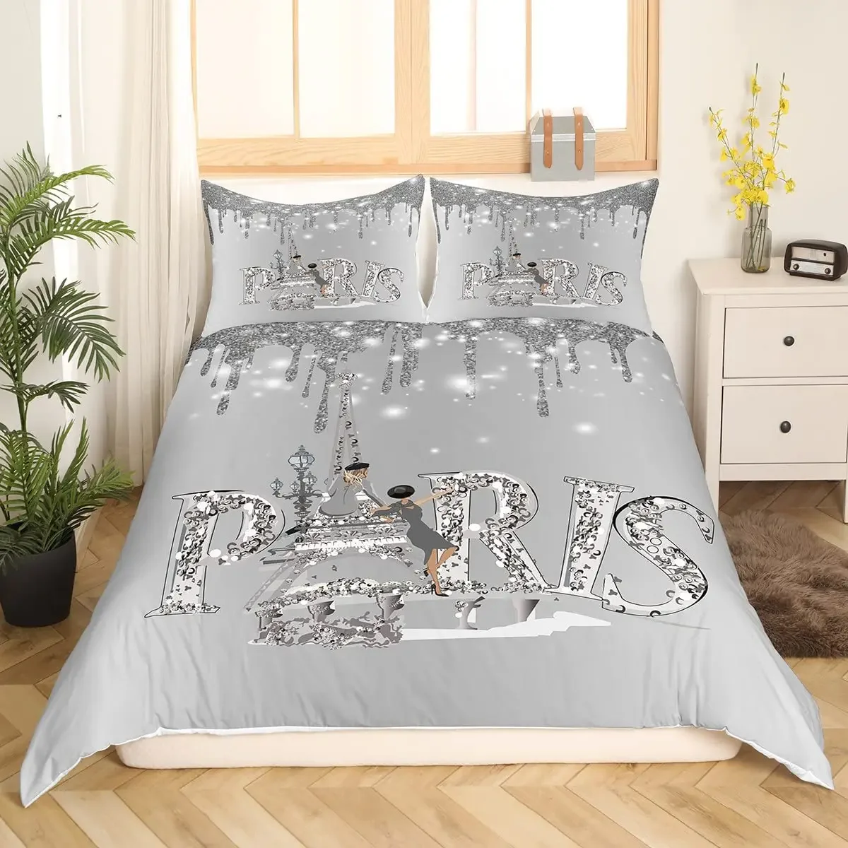 Paris King Queen Double Duvet Cover Girly Glitter Eiffel Tower Bedding Set Valentine's Day Comforter Cover Polyester Quilt Cover