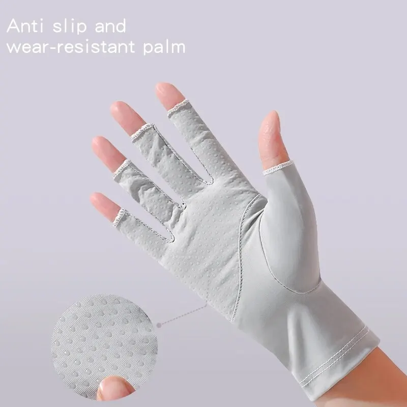 Summer Women\'s Sun Protection Gloves Uv Resistant Nail and Joint Anti Cocooning Ice Silk Thin Breathable Half Finger Gloves