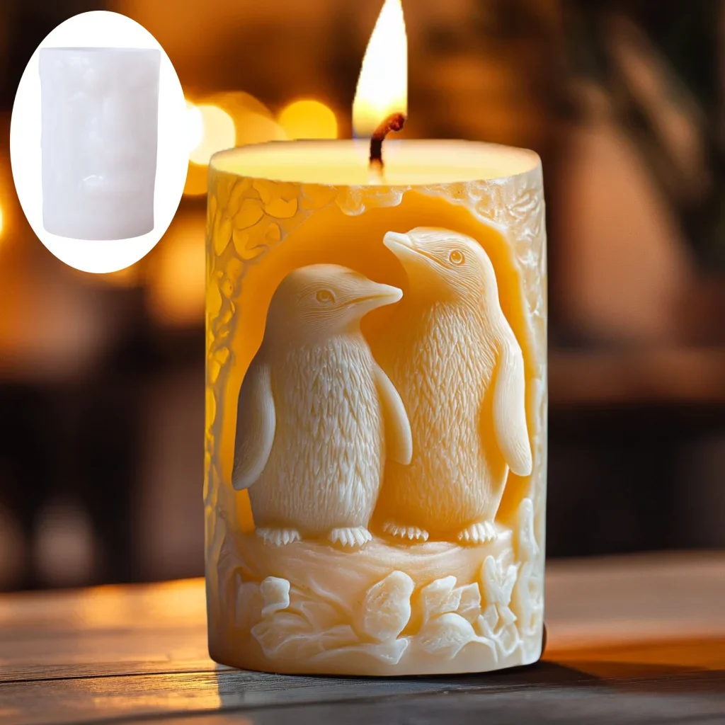 3D Penguin Couple Relief Cylinder Candle Silicone Mold Cute Penguin Resin  Mould Valentine's Day Gift Rabbit Cement Gypsum Molds