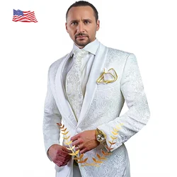 Traje elegante para hombre, esmoquin para novio de boda, conjunto de 2 piezas, chaqueta con patrón blanco, pantalones, traje completo Formal para fiesta