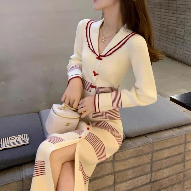 2024 Spring Autumn Women Fashion Striped Elegant Bodycon Ribbed Knitted Dresses Sexy Split Sweet Bow Chic Long Sleeve Midi Dress