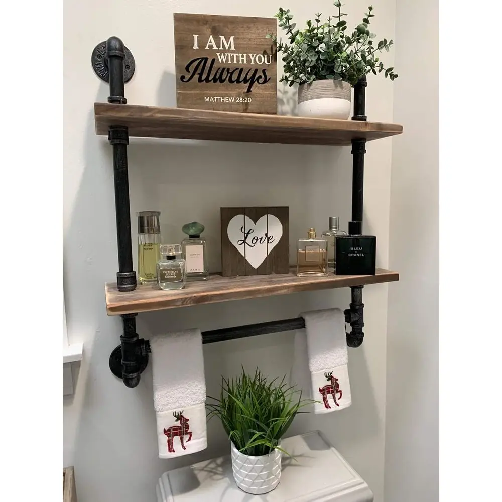 

Rustic Wooden 2-Tier Pipe Shelving with Towel Bar, Over Toilet Storage, Retro Grey
