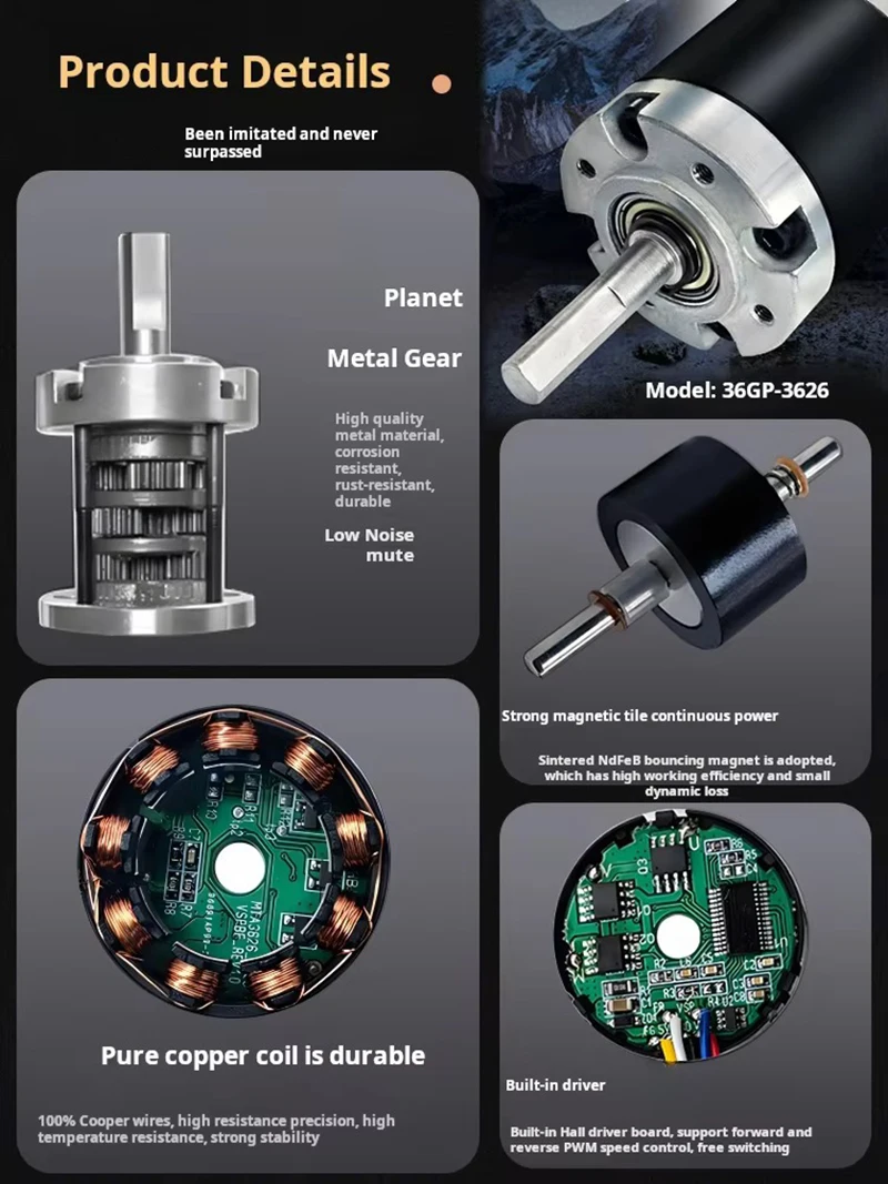 36GP-3626 Planetary Gear Brushless Reduction Motor 12v24v 8-1154rpm 55kg Miniature Speed Regulation High Torque Motor 36mm