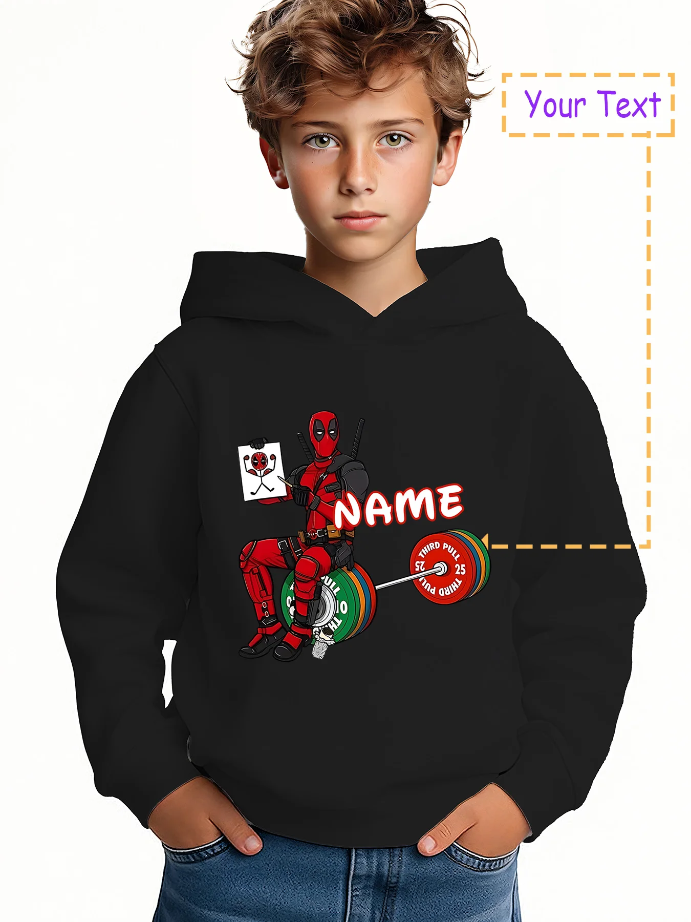 

MINISO Marvel Deadpool Funny Hoodie - Deadpool weightlifting and drawing fun style, trendy and funny style, suitable for campus