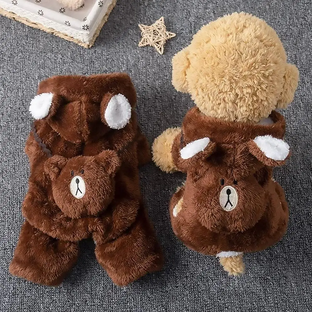 Cute Bear Ear Dog Clothes Winter Warm Fleece Four-Legged Jumpsuit Thick Pet Coat Hoodie For Small Dogs Teddy Poodle Cat