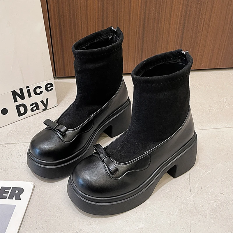 عالية الكعب القوس النساء الأحذية منصة أحذية امرأة موضة الفراء الثلوج الأحذية 2025 الشتاء أحذية مكتنزة رياضة عادية قصيرة بوتاس Mujer #4