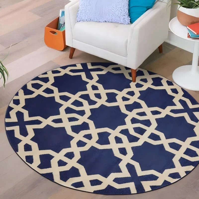 Round Area Rug Moroccan Geometric Navy Blue Living Room Bedroom Sofa Accent Floor Carpet Mat Home