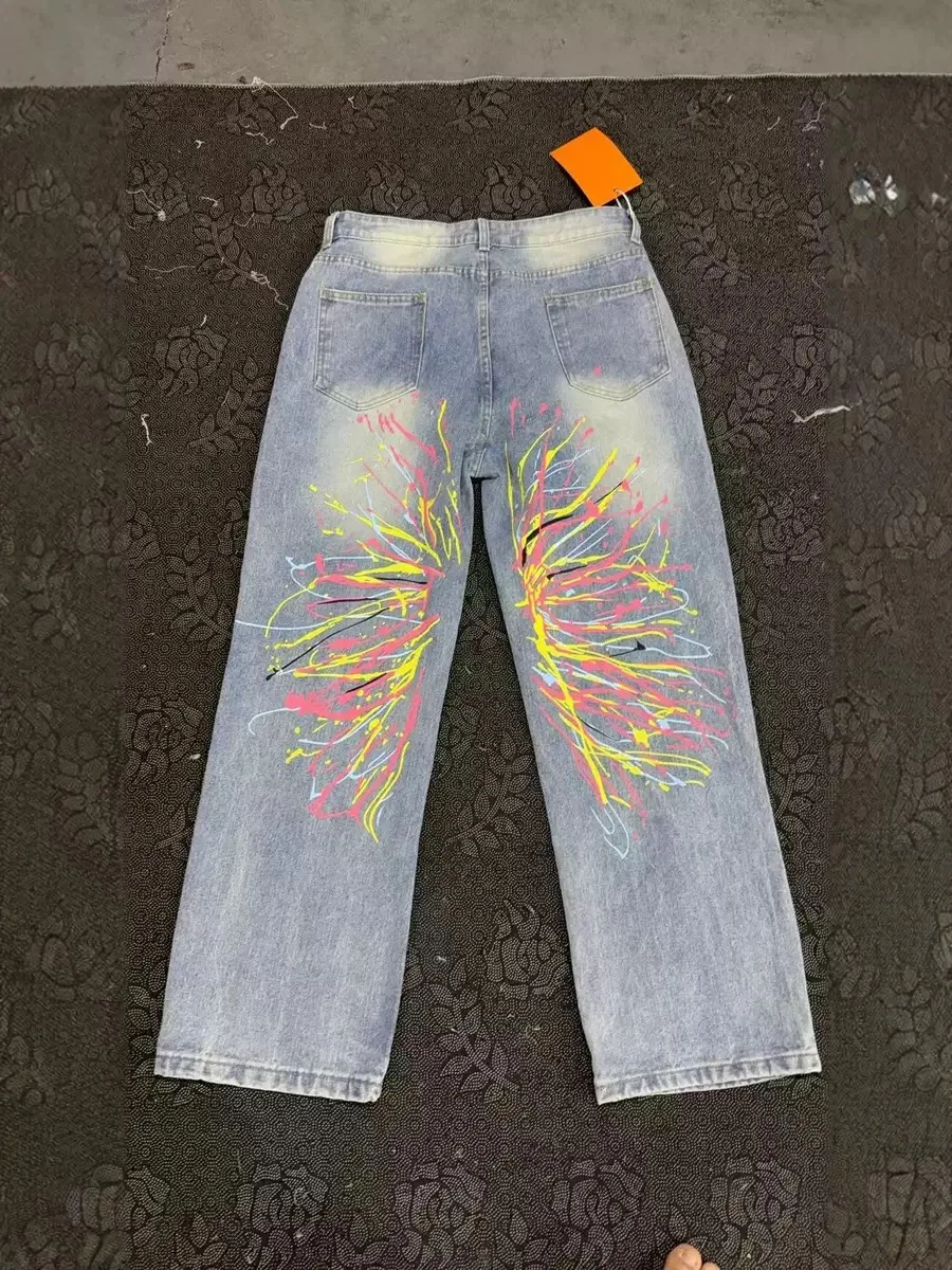 Y2K-pantalones vaqueros de pierna ancha relajados, diseño bordado de Buda, estilo callejero, vaqueros con estampado de pierna recta de cintura alta inspirados en Harajuku