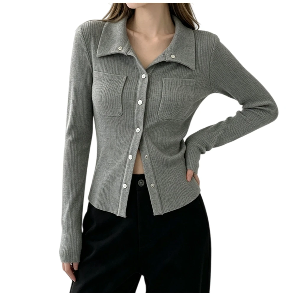 soft-knit-cardigan-for-women-long-sleeve-lapel-collar-button-front-regular-length-pure-color-daily-layering-top