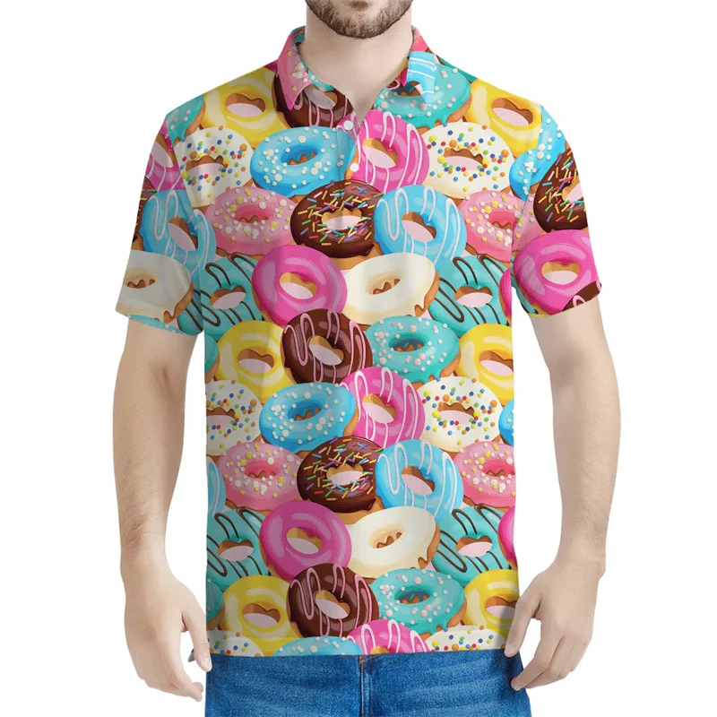 Colorful Donut Graphic Polo Shirt Men 3d Printed Snacks Tees Women Loose Button Short Sleeves Casual Lapel Polo Shirts Tops