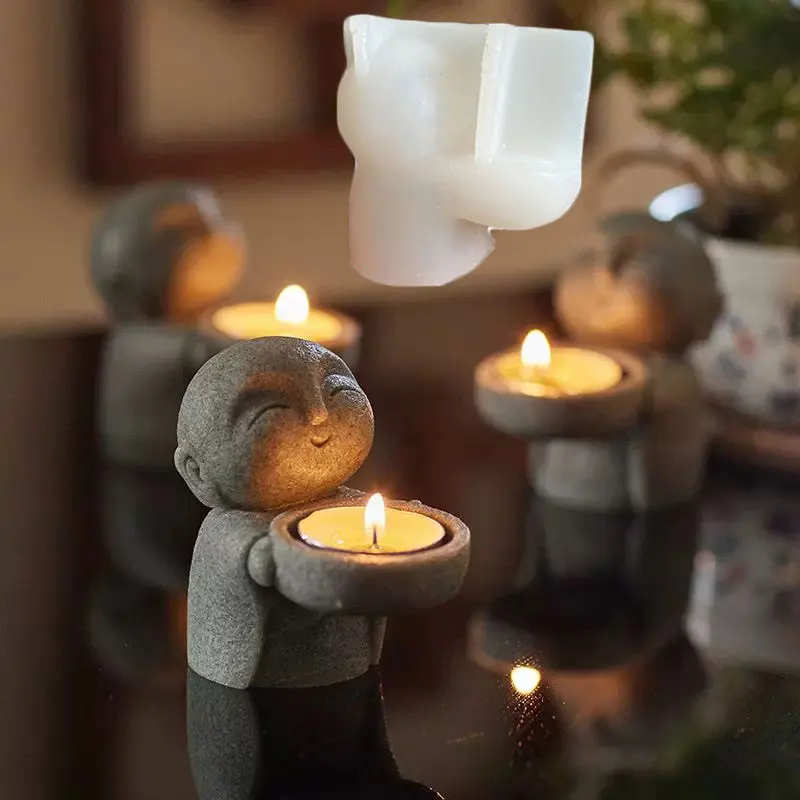 Portacandele con statua di piccolo monaco, stampo in silicone, statuetta di Buddha, candeliere, stampi per candele in resina, cemento e gesso