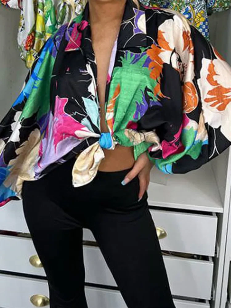 Sexy Gedruckt Übergroßen Frauen Shirt Spitze Up Lange Batwing Sleeve Revers Mode Strickjacke Weibliche Top 2022 Neue Frühjahr Straße shirts