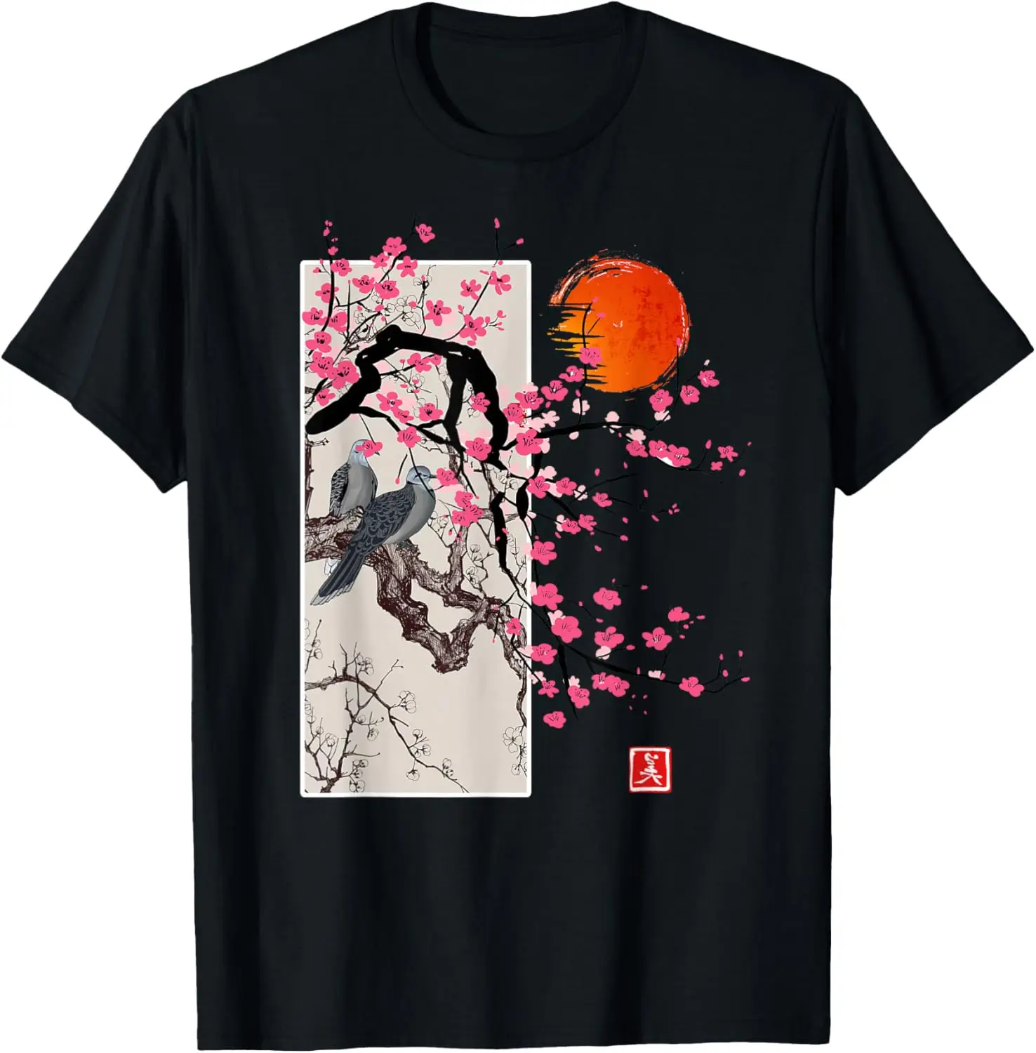 Vintage Sakura Blossom Japanese Cherry Scenery Tee T-Shirt 100% Cotton Trendy Y2K Short-Sleeve Tee-Soft, Quick-Drying,