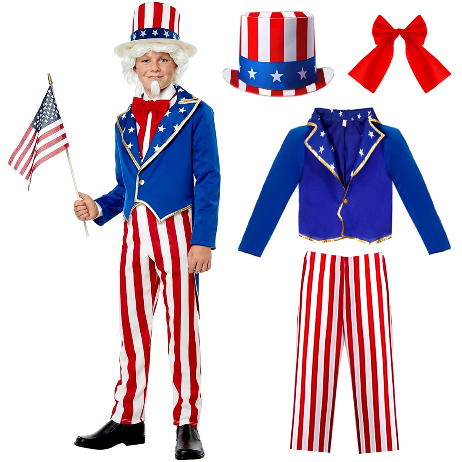 

Boy Uncle American Flag Striped Suit with Star High Hat Independence Day Patriotic Cosplay Costume Stage Performance Dress