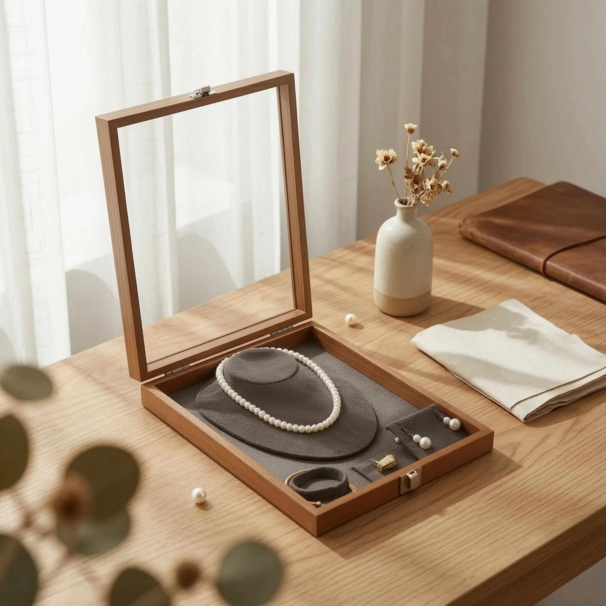 Glass Lid Jewelry Box Metal Latch Velvet Lined Jewelry Box Storage Item Transparent Top Removable Compartments
