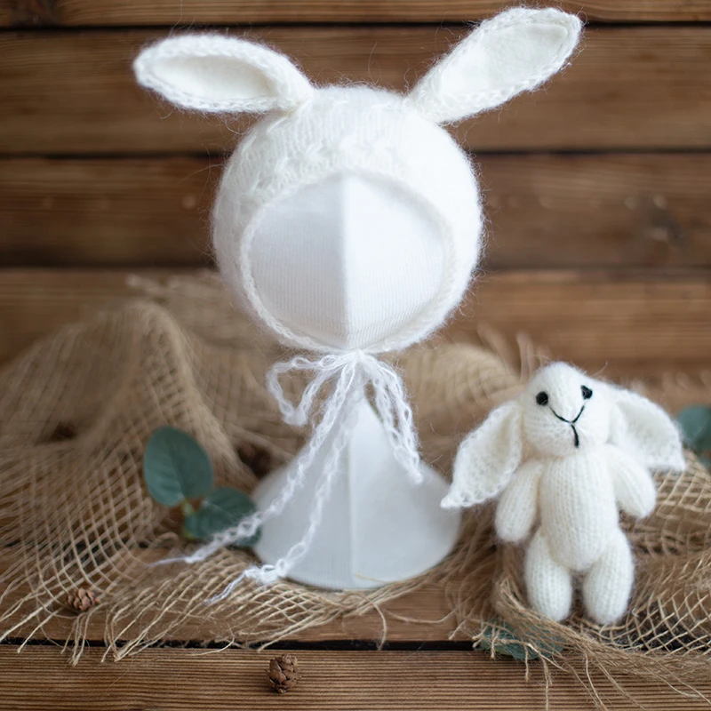 

White Mohair Rabbit Bonnet And Bunny Toy Set Stretch Knitted Cute Animal Hat Doll Newborn Photography Props Baby Shower Gift