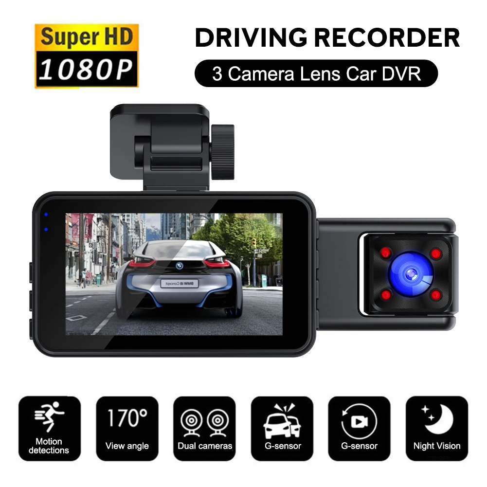 

1080P Dash Cam With WiFi 3 Cameras Front Inside Rear 3" Car Video Recording Wide Angle Night Vision G-Sensor 24H Parking Monitor